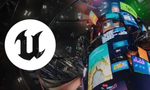 Logo Unreal Engine 6 na tle futurystycznego miasta z neonowymi reklamami i latającymi dronami.