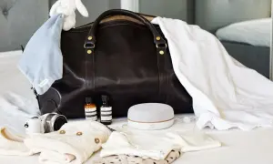 Packlista bb: mörk väska, bebiskläder, nalle, kamera, högtalare och två små flaskor.