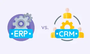 Iconos que representan ERP (engranajes) y CRM (personas y engranajes), comparando sistemas de gestión empresarial.