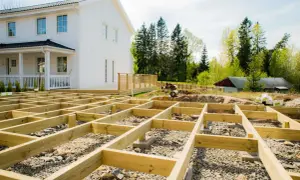 Grundstomme för att **bygga altan** framför ett vitt hus. Träkonstruktionen är uppbyggd på grus och sten.
