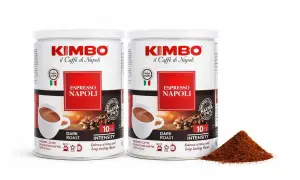 Dwie puszki kawy Kimbo Espresso Napoli, ciemno palona, o intensywnym aromacie i długotrwałym smaku.