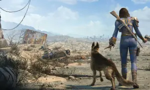 Eine Frau im blauen Schutzanzug und ihr Hund blicken auf eine zerstörte Stadt. Ein Testbild für Fallout 4.