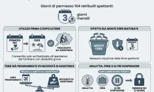 Infografica sulle regole dei permessi 104 e ferie. Spiega la differenza tra legge 102 e 104, i giorni spettanti e come si integrano con le ferie.