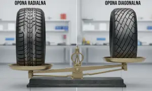 Opony radialne i diagonalne na wadze. Opona radialna po lewej, diagonalna po prawej.