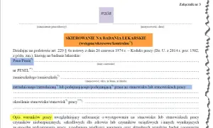 Skierowanie na badania lekarskie wstępne/okresowe/kontrolne. Dokument zawiera dane pracownika i opis warunków pracy, niezbędne do przeprowadzenia badań okresowych pracowników.