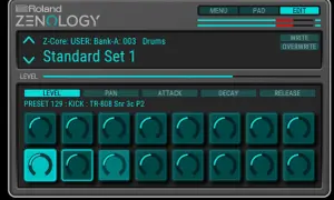 Roland ZENOLOGY interface showing "Standard Set 1" drum preset. Explore sound design options; is Zenology free?