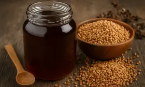 Słoik ciemnego, aromatycznego miodu gryczanego obok drewnianej miseczki z ziarnami gryki i łyżeczki.