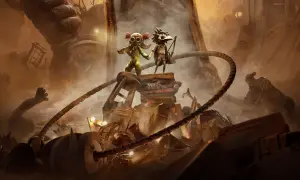 Dwoje dzieci, bohaterowie Little Nightmares 3, stoi na stosie gruzów. W tle majaczy ogromna, złowroga postać.