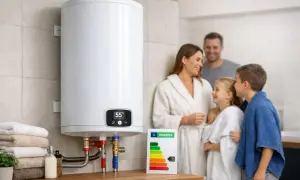 Rodzina cieszy się ciepłą wodą z nowoczesnego bojlera. Energooszczędny boiler to komfort i oszczędność.