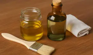 Pinceau, pot de lin et flacon d'essence de térébenthine pour le traitement du carrelage.