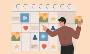 Man planerar sina **röda dagar** på en kalender med ikoner för sociala medier, bilder och hjärtan.