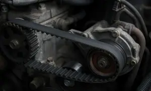 Dettaglio del motore di un'auto con la cinghia di trasmissione che collega pulegge e ingranaggi.