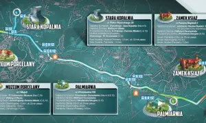 Odkryj wałbrzych atrakcje: Zamek Książ, Stara Kopalnia, Muzeum Porcelany i Palmiarnia. Mapa z trasami i odległościami.