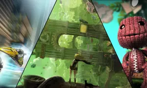 Kolaż z grafik z gier na PS Vita: żółty pojazd kosmiczny, dziewczyna w zielonym mieście i Sackboy.
