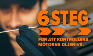 6 steg för att kontrollera hur mycket olja i bilen. En person med handske håller i oljestickan.