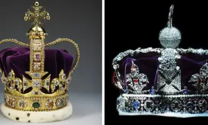 Dwie korony królewskie, jedna złota z purpurowym aksamitem i krzyżem, druga bogato zdobiona diamentami. Obie symbolizują władzę, jak korona królowej Anglii.