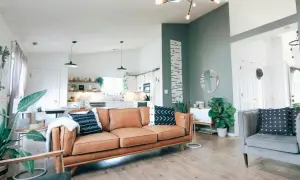 Wygodny salon z dwoma sofami zamiast narożnika, brązową i szarą, ozdobiony roślinami i geometrycznymi poduszkami.