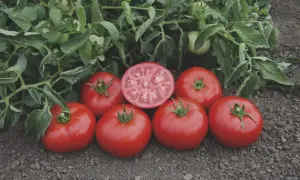 Siedem dorodnych pomidorów Benito, jeden przekrojony, leży na ziemi wśród zielonych liści.