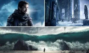 Mężczyzna w zbroi i szalu, zimowy pałac z posągami, rozstępujące się morze – epicki exodus.