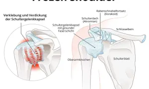 Schultergelenk mit verdickter Kapsel und entzündetem proc coracoideus. Veranschaulicht die Verklebung der Schultergelenkkapsel bei Frozen Shoulder.