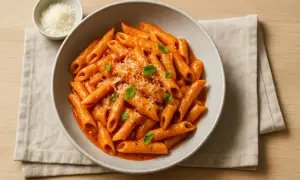 En skål med krämig vodka pasta, toppad med riven parmesan och färska örter. En klassiker som alltid går hem.