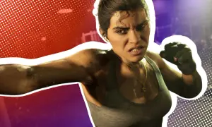 Aggressive Kämpferin im **GTA 6 Gameplay**. Sie ist bereit für den Kampf, mit angespannten Muskeln und entschlossenem Blick.