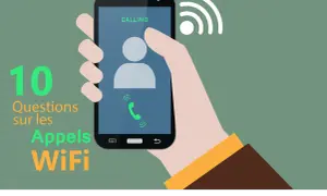 Main d'une personne tenant un téléphone portable affichant "CALLING" avec un symbole WiFi. Le texte "10 Questions sur les Appels WiFi" est visible.