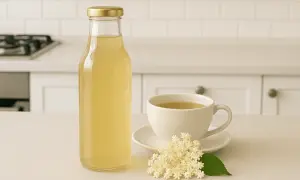 Butelka z syropem z bzu obok filiżanki naparu i kwiatów bzu.