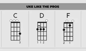 Diagramy akordów ukulele: Amin, C, D, F, G. Nuty dla początkujących graczy.