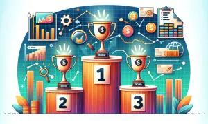 Triumf na podium: złote puchary z symbolem dolara i napisem "BOND" na tle wykresów. Sukces w inwestowaniu w **allianz obligacji inflacyjnych**.