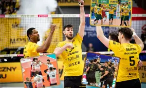 Siatkarze świętują zwycięstwo w Plus Lidze. Emocje po meczu play-off, radość drużyny w żółtych strojach.