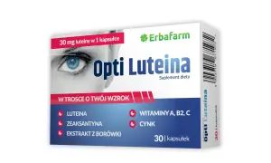 Opakowanie suplementu diety Opti Luteina, zawierającego luteinę i zeaksantynę, dla zdrowia oczu. 30 kapsułek.