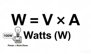 Wzór W=V×A, żarówka 100W i napis Watts (W).
