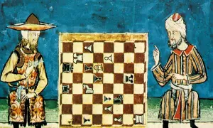Dos hombres medievales jugando al ajedrez.