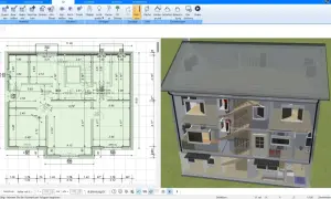 Grundriss und 3D-Ansicht eines Hauses mit Details zur Elektroinstallation.