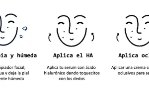 Rutina para piel radiante: limpia, aplica serum con ácido hialurónico para hidratar y sella con crema oclusiva.