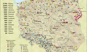 Mapa Polski z zaznaczonymi skupiskami mniejszości narodowych i etnicznych, ukazująca rozmieszczenie mniejszości etnicznych w Polsce.
