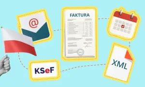 Polska flaga, faktura, koperta, kalendarz i plik XML symbolizują system KSeF.