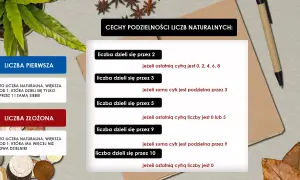 Grafika przedstawia definicje liczb pierwszych i złożonych oraz cechy podzielności liczb naturalnych.