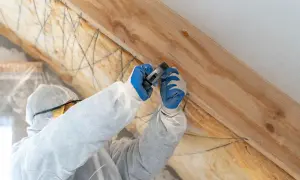 Pracownik w kombinezonie zabezpiecza wełnę mineralną, która będzie co pod blachę trapezową.