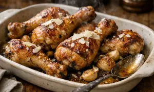 Un plat de pilon de poulet rôti, garni de copeaux de parmesan et d'ail confit, dégageant une vapeur appétissante.