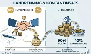 Illustration visar husköp: 10% handpenning betalas vid kontrakt, resten 90% bolån. Kontantinsats hus procent är 10%.