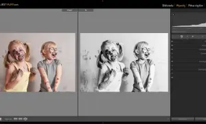 Dwie roześmiane dziewczynki ubrudzone farbą. Porównanie przed i po edycji w programie Lightroom.