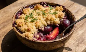 Ein warmer Zwetschgen Crumble mit knuspriger Streuseldecke und Rosmarinzweig, serviert in einer rustikalen Schale auf Holz.