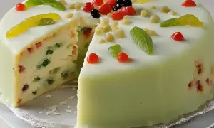 Délicieuse cassata siciliana, un gâteau traditionnel sicilien, avec sa garniture colorée de fruits confits et sa couverture verte.