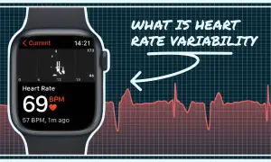 Smartwatch displays heart rate of 69 BPM. A graph shows heart rate variability, a key metric for understanding what is HRV sleep and overall health.