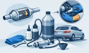 Illustration visar verktyg och vätskor för att fylla på motorolja i en bil. En spruta används för att fylla på olja i motorn.