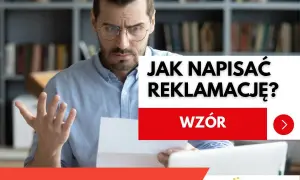 Zmarszczony mężczyzna z dokumentem w dłoni, tekst "Jak napisać reklamację? Wzór" i logo Czerwona Skarbonka.