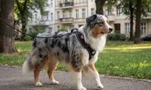 Ein wunderschönes australian shepherd Rasseportrait: Ein blue merle Australian Shepherd mit seinem charakteristischen Fellmuster und einem Geschirr spaziert auf einem Weg.