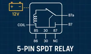 Diagrama de un rele coche de 5 pines SPDT. Muestra la conexión de una batería de 12V a la bobina y los contactos.